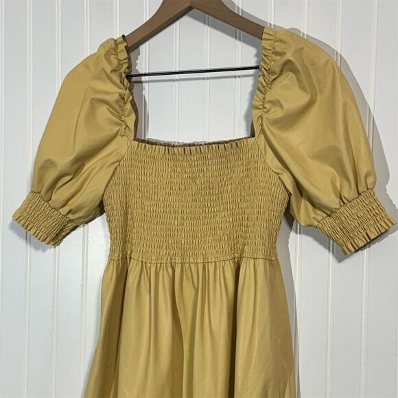 7 For All Mankind Faux Leather Puff Sleeve‎ Dress S Yellow Smocked Bodice NWT - Picture 2 of 10